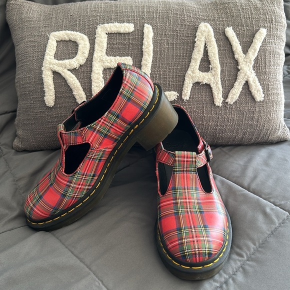 Dr Marten Polley Stewart Tartan Plaid Sophia Mary Jane Leather Shoe Red 41 9 New - Picture 3 of 14